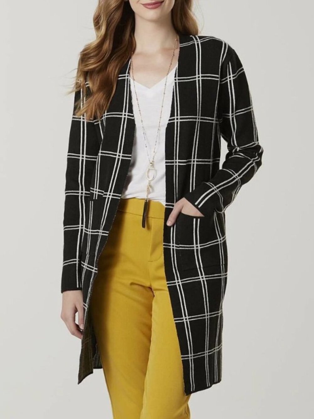 Sears Cardigan Sweater Blazer Knit Gray Windowpane Collarless